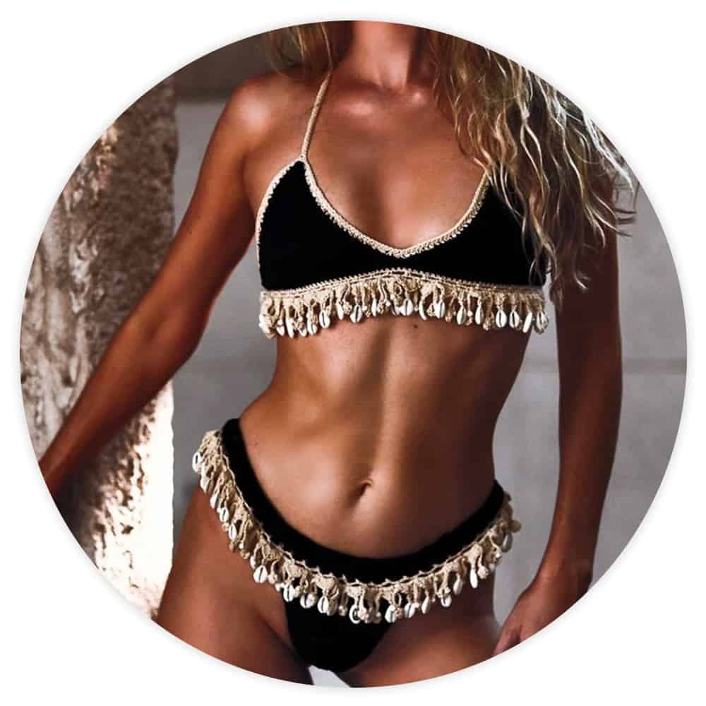 Costume Da Bagno Conchiglia Bikini Brasiliano Uncinetto Nero