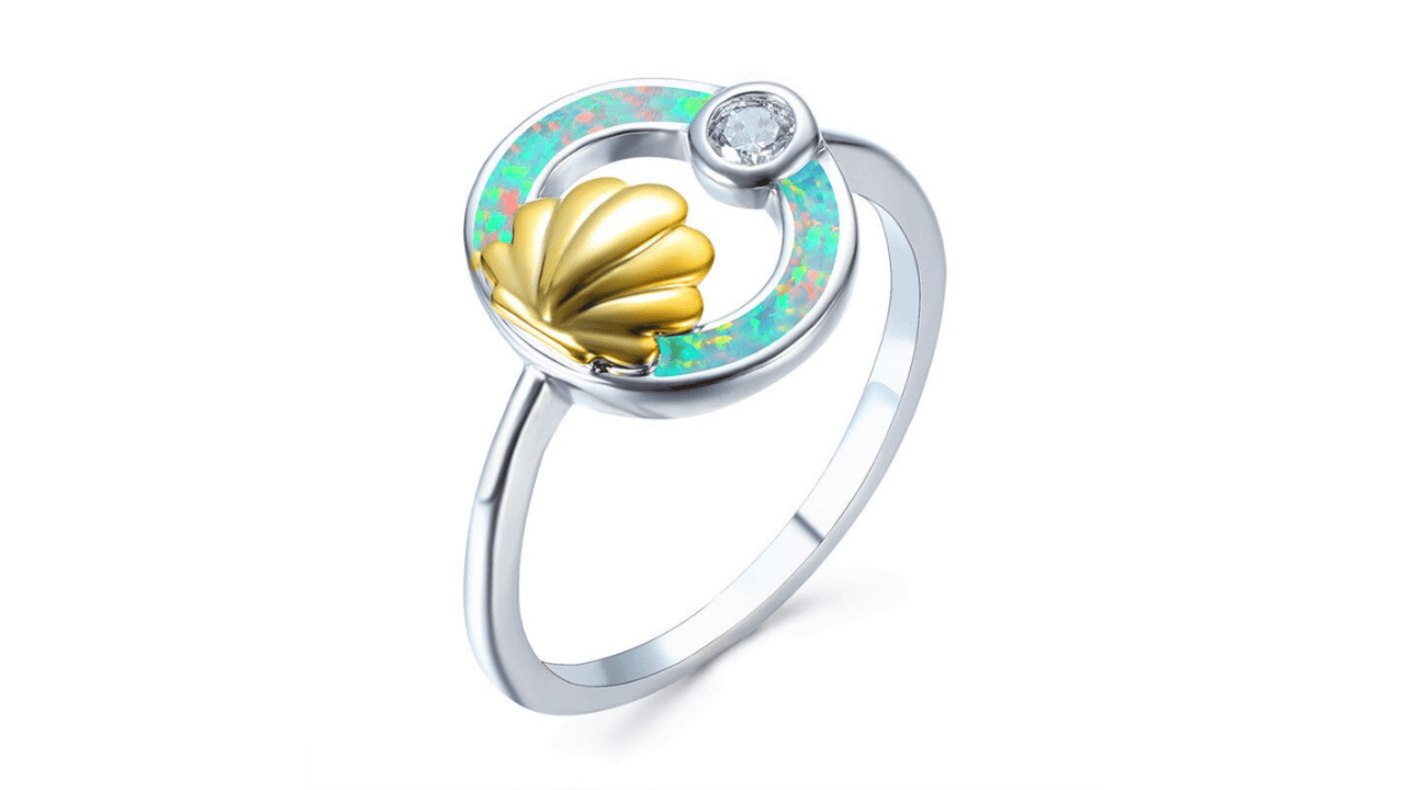 Anello Conchiglia Fidanzamento Con Opale Di Fuoco Bianco
