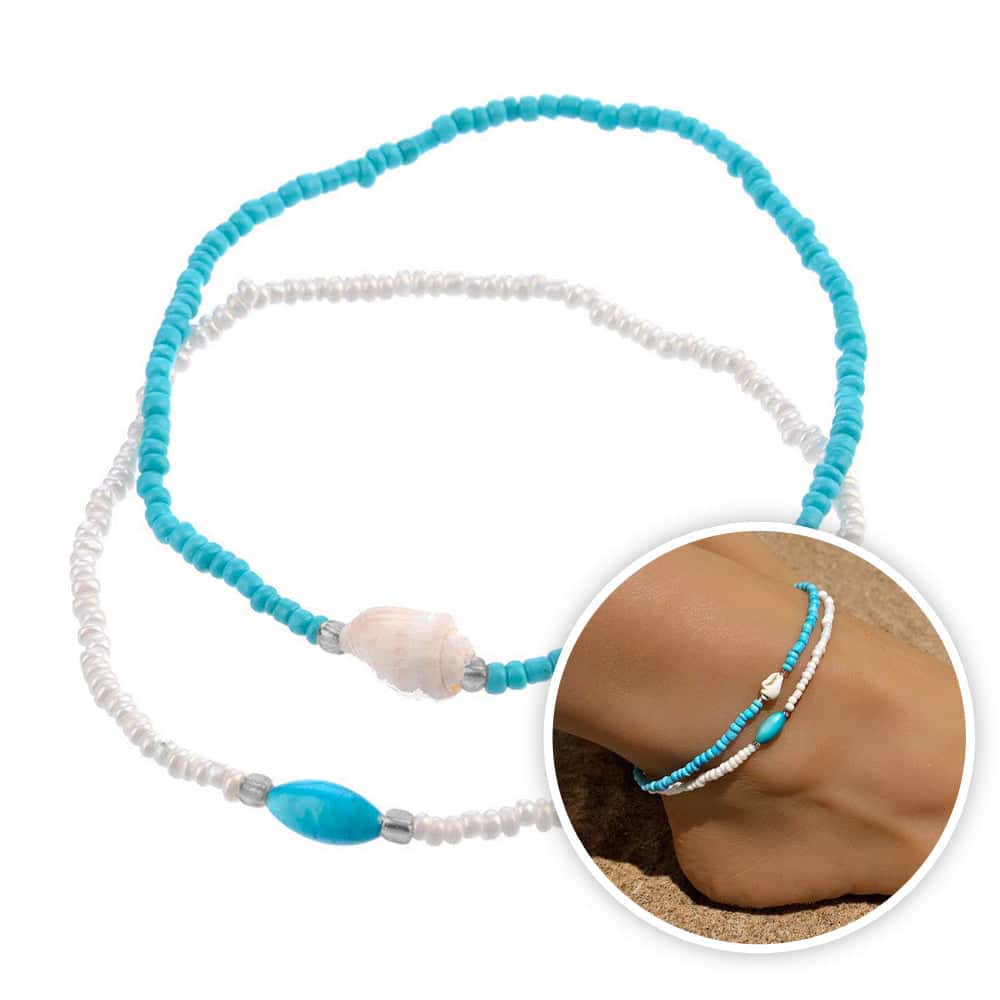 Cavigliera Conchiglie Perle Bianche E Blu