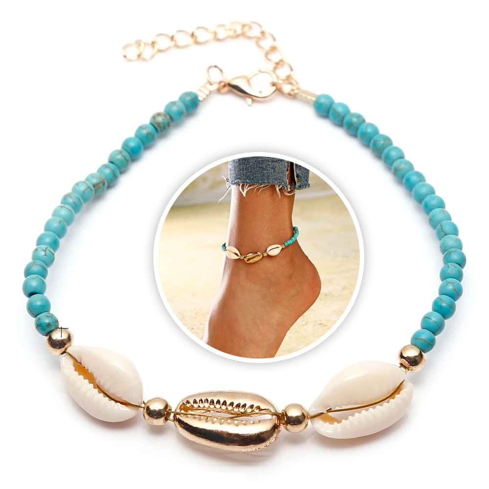 Cavigliera Conchiglie Cauri E Perle Blu