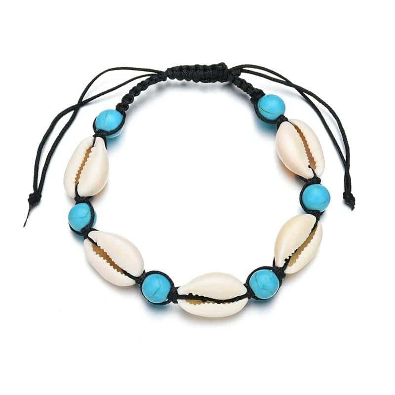 Bracciale Conchiglie Cauri, Perle Blu E Cordoncino Nero