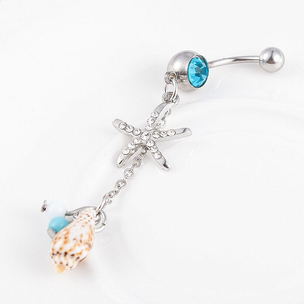 Piercing Ombelico Conchiglia Bulot E Perle Blu