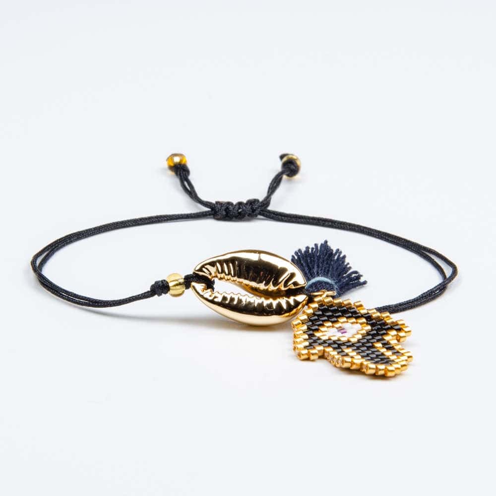 Bracciale Conchiglie Cauri D'Oro Mano Di Fatima Blu Notte