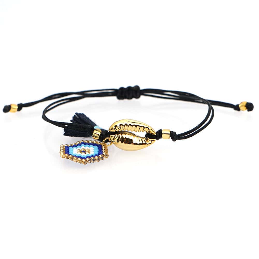 Bracciale Conchiglie Cauri Dorato E Occhio Blu