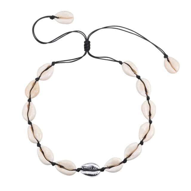 Collana Di Conchiglia Cauri Argentati Con Cordone Nero