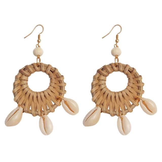 Orecchini Conchiglia Cauri, Rattan E Perle Bianche
