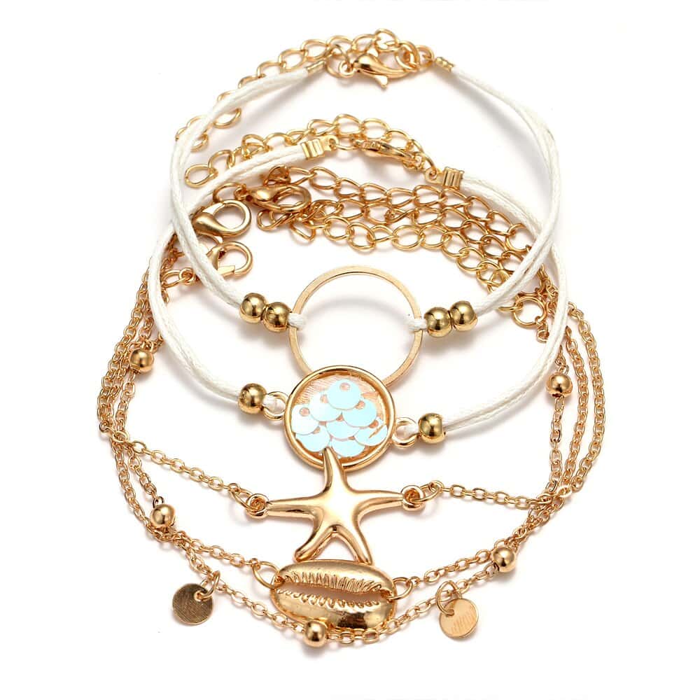 Bracciale Conchiglie Multiplo Con Cauri, Stella Marina E Scaglie