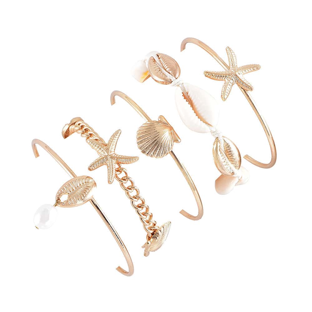 Bracciale Conchiglie Multiplo 5 Pezzi, Perle, Cauri E Stella Marina