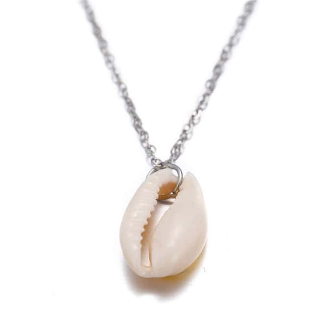 Collana Di Conchiglia Cauri Bianco E Catena Argentata