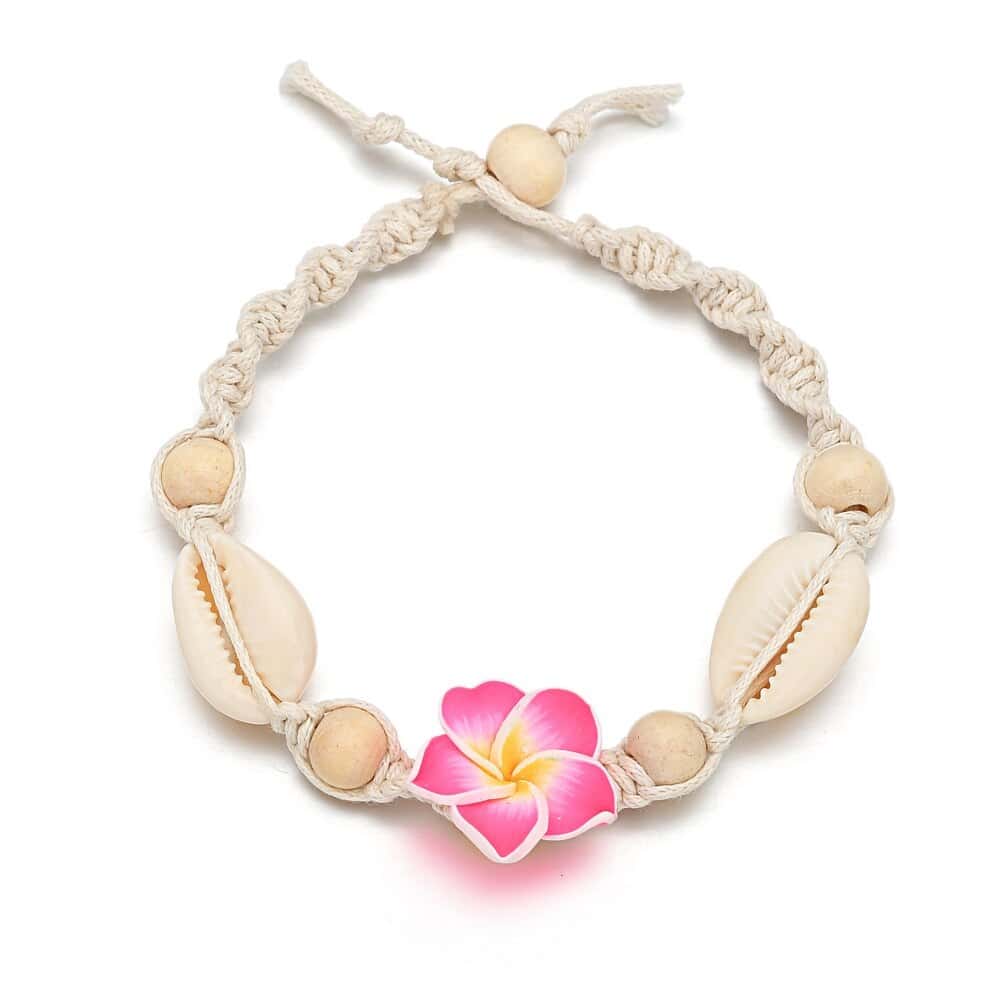 Cavigliera Conchiglie Cauri Bianco E Fiore Rosa