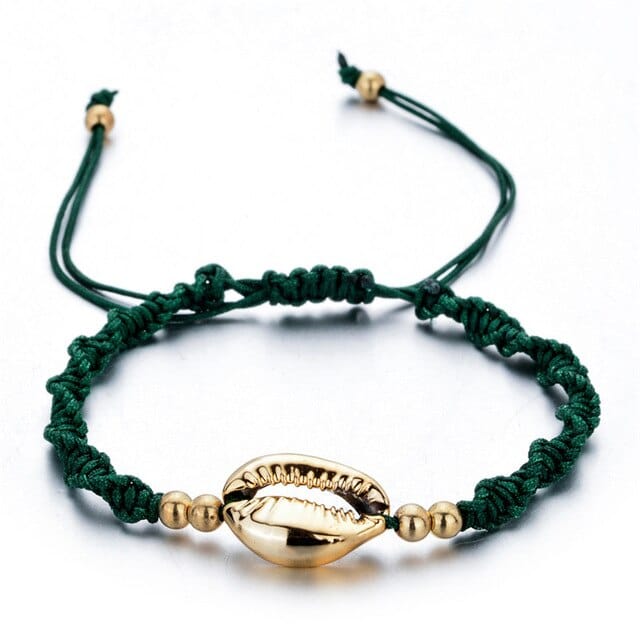 Bracciale Conchiglie Cauri Dorato E Corda Verde