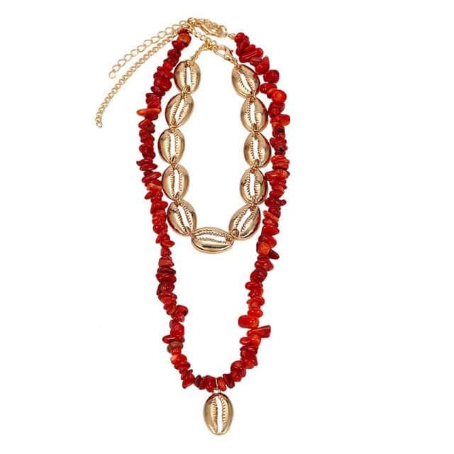Collana Di Conchiglia Cauri Dorati E Perle Rosse