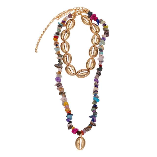 Collana Di Conchiglia Cauri Dorati E Perle Multicolori