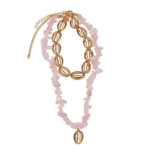 Collana Di Conchiglia Cauri Dorati E Perle Rosa