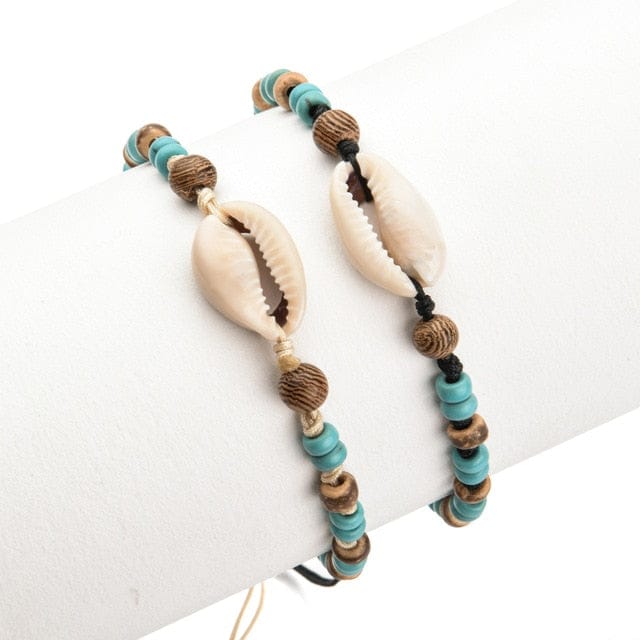 Bracciale Conchiglie Doppio Cauri, Legno E Perle