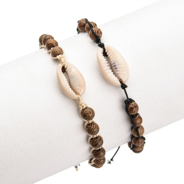 Bracciale Conchiglie Doppio Cauri E Perle In Legno
